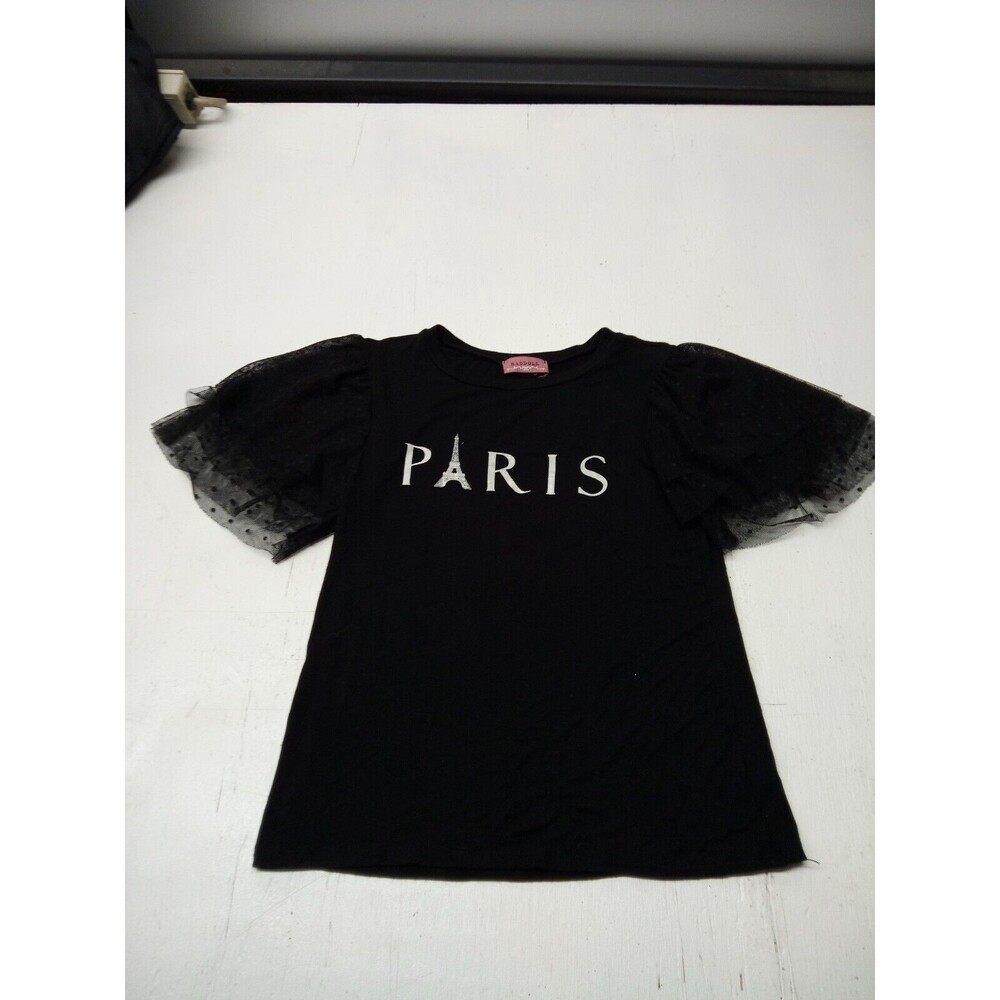 Rag Doll Womens Petite Small Black Lace Short Sleeve Round Neck Paris Spellout